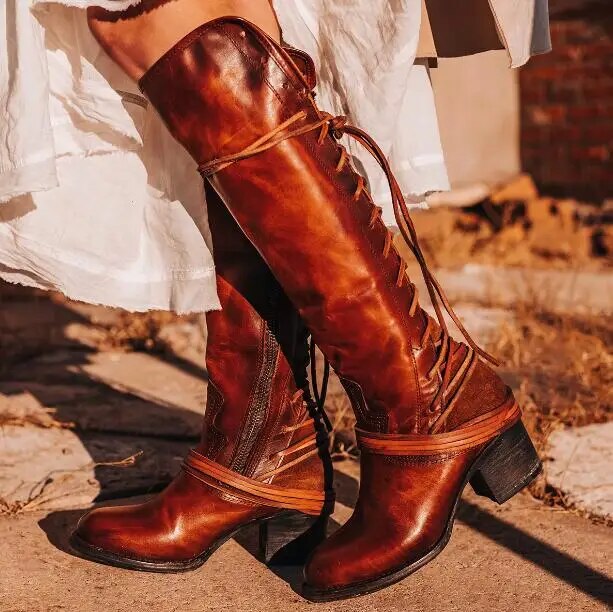 VCSHOES Retro Women Brown Genuine Leather Round Toe Cross Tied Square Heels Knee High Boots Female Cowboy Knight Boots