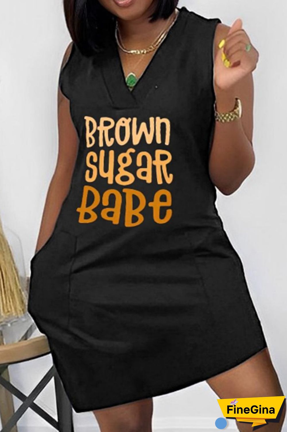 Black Casual Print Basic V Neck Sleeveless Dress Dresses