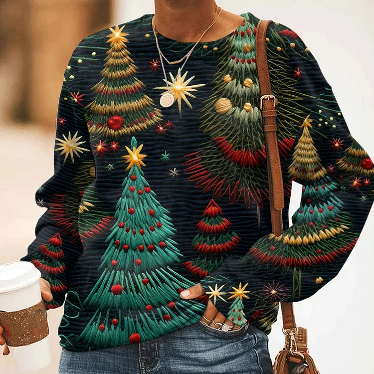 Retro Glitter Christmas Tree Print Casual Sweatshirt
