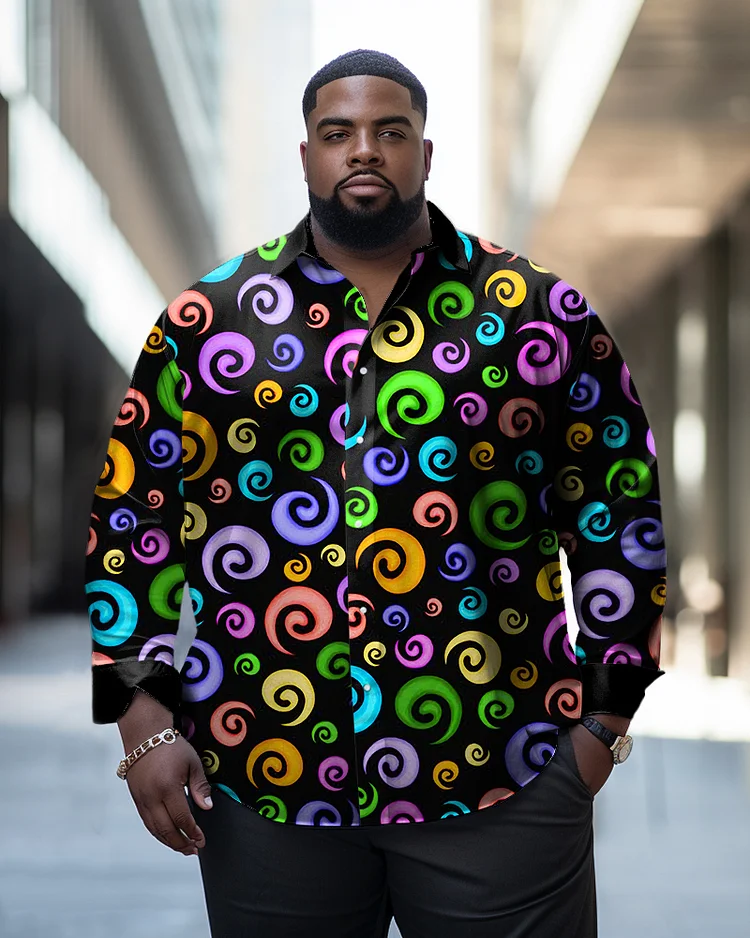 Men's Casual Plus Size Colorful Swirl Long Sleeve Lapel Shirt