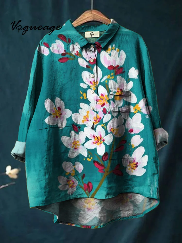 Elegant And Comfortable Flowers Print Cotton And Linen Shirt
