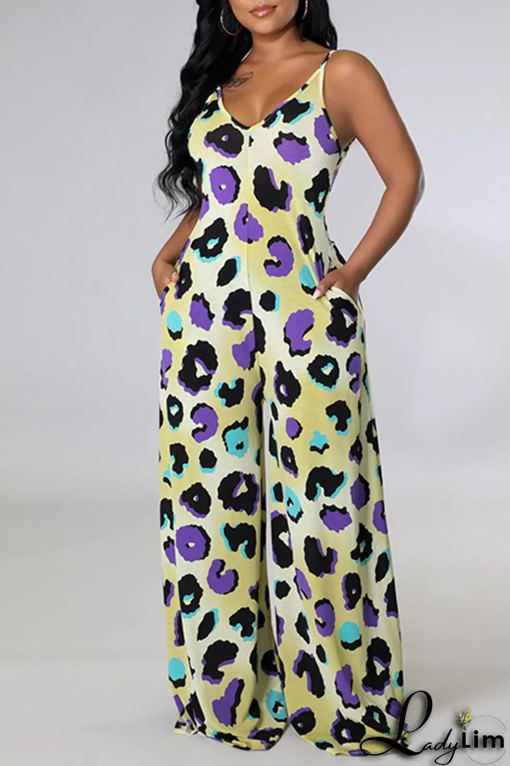 Blue Casual Print Split Joint Spaghetti Strap Straight Jumpsuits