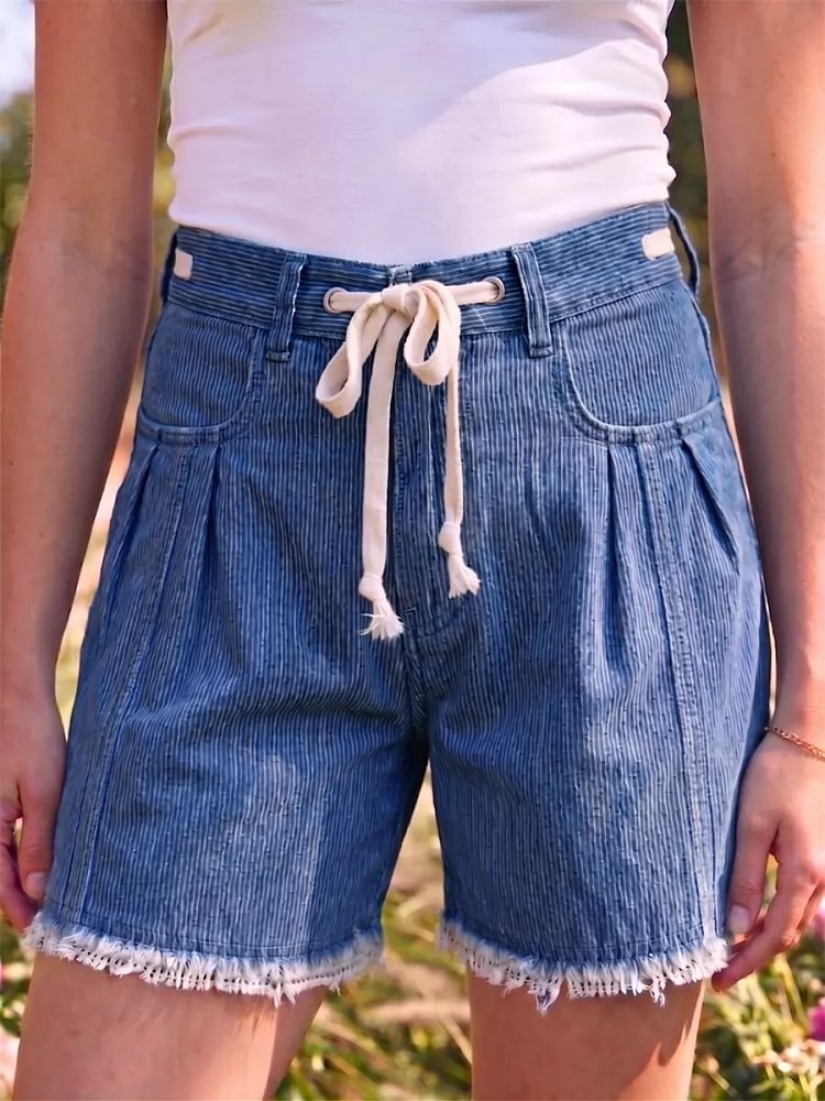 Women's Art Print Casual Tie Rope Denim Shorts