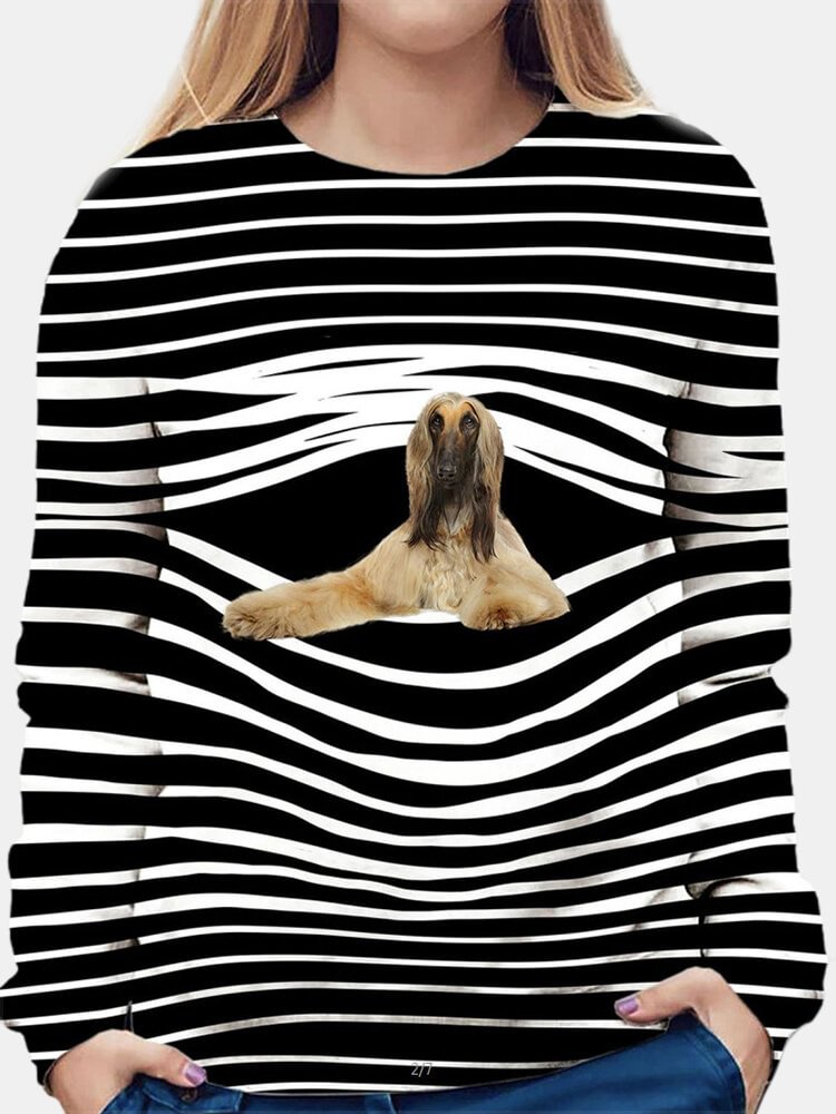Dog Stripe Print Long Sleeve Casual O neck T shirt For Women P1772852