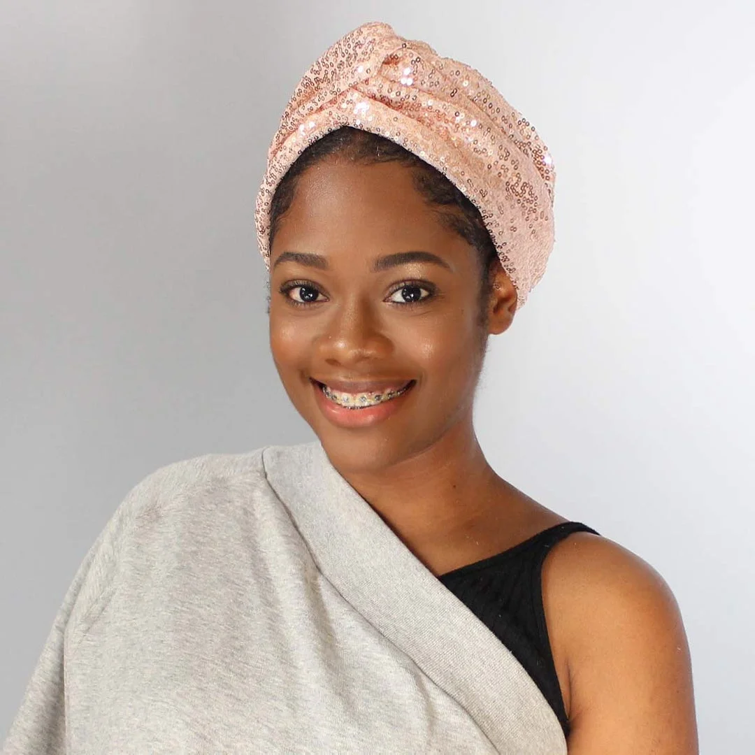 Pink Gold Sequined Knot Turban Headband-AW4001