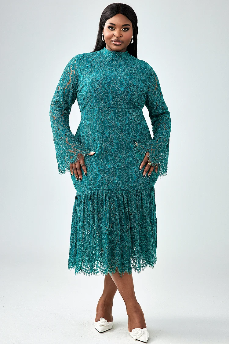 Xpluswear Design Plus Size Semi Formal Dress Green Mock Neck Flare Sleeve Fold Lace Midi Dress [Pre-Order]