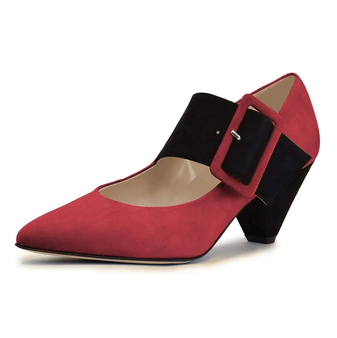 Red Faux Suede Pointed Elegant Buckle Strap Pencil Heel Sexy Pumps