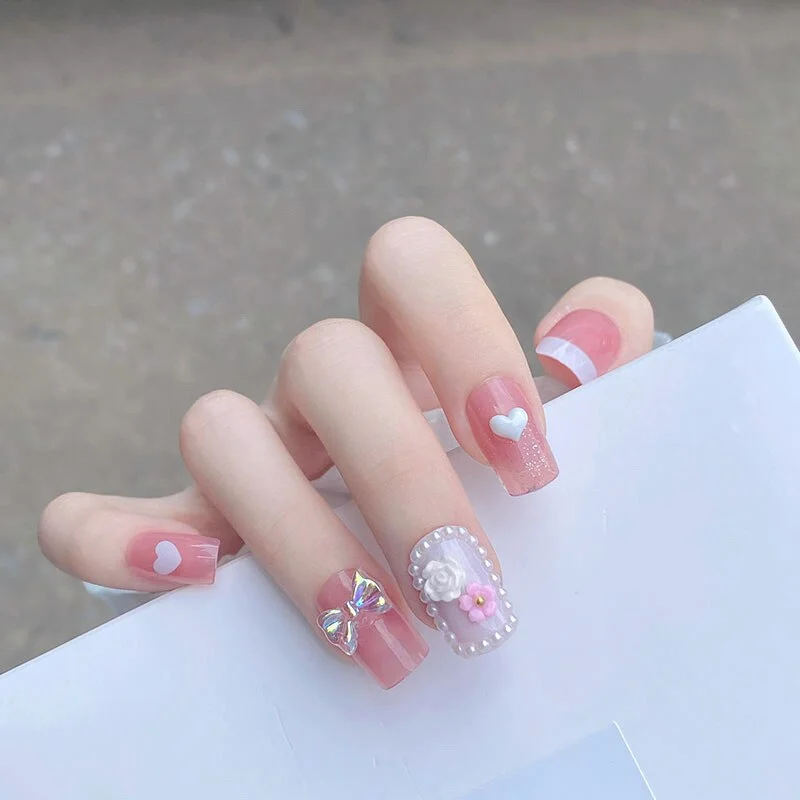 24pcs Bow Love Heart Printed Design False Nails Patch with Glue Women Manicure False Nails Patch with Glue Press On Nails Tips-Nail Inspo