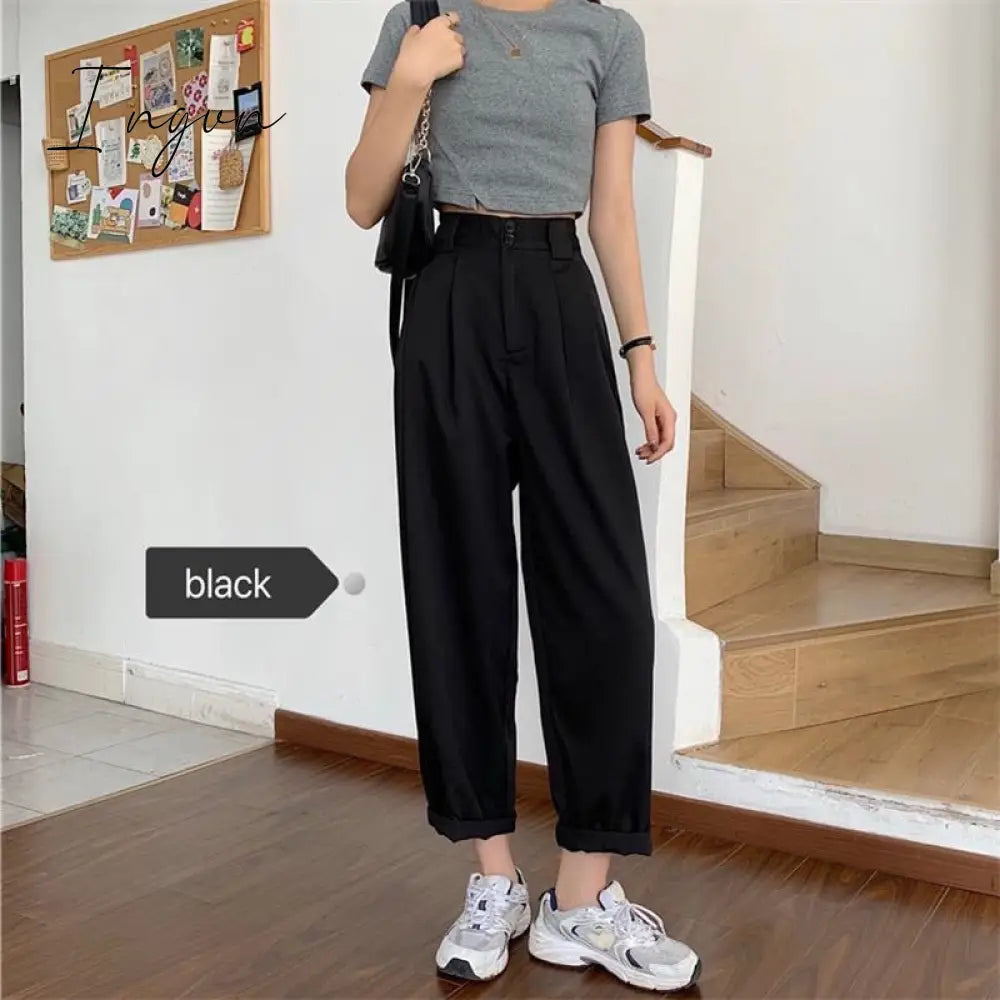 Ingvn - Classic Trendy Ankle Length Straight Pants Black / S