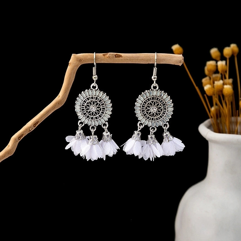 Bohemian Blue Turquoise National Style Earrings Imitation Miao Silver Metal Earrings Vintage Tassel Earrings