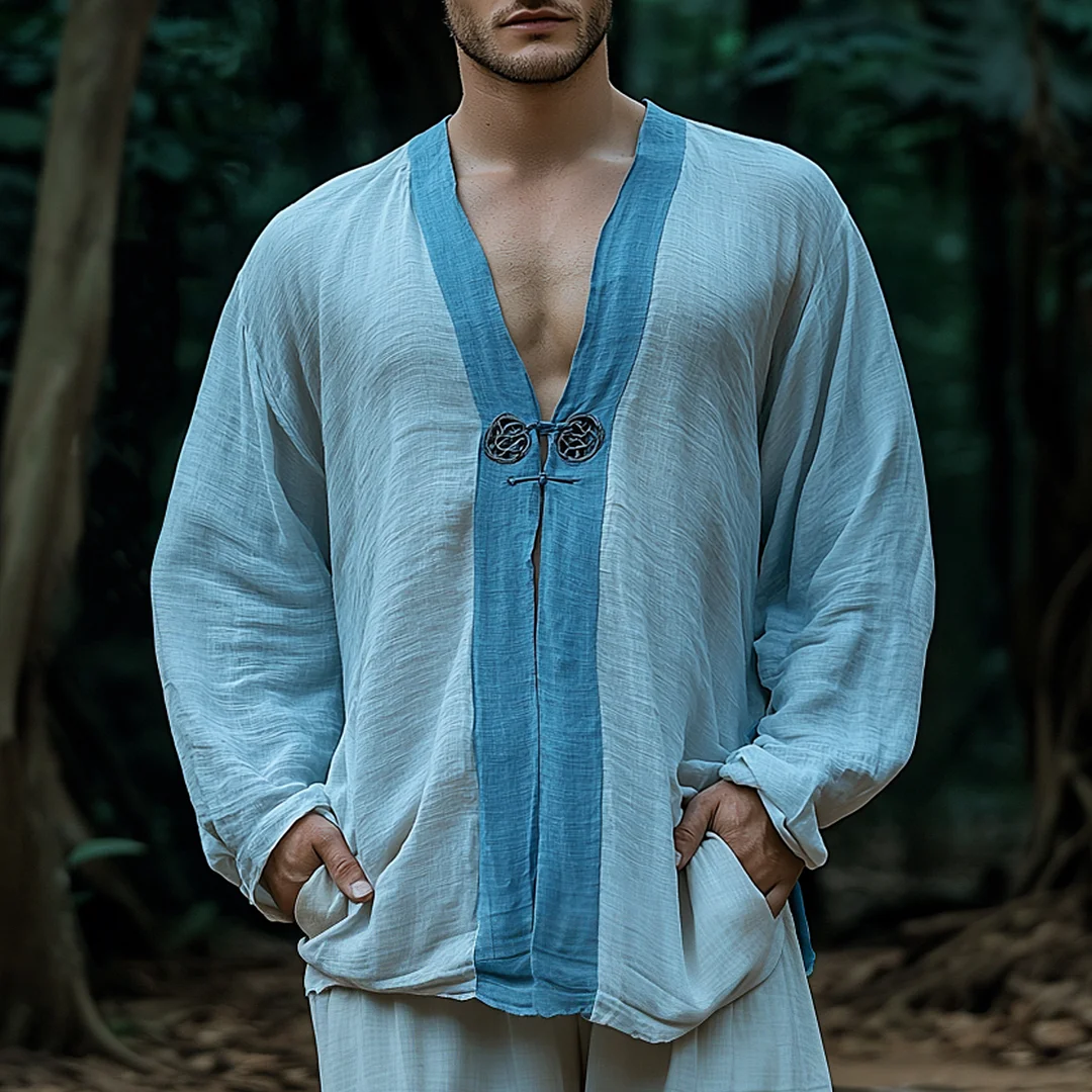 Men's Holiday Contrast Loose V-Neck Linen Shirt-inspireuse