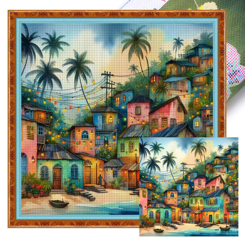 Colorful Town Full 11CT Pre-stamped Canvas(45*45cm) Cross Stitch