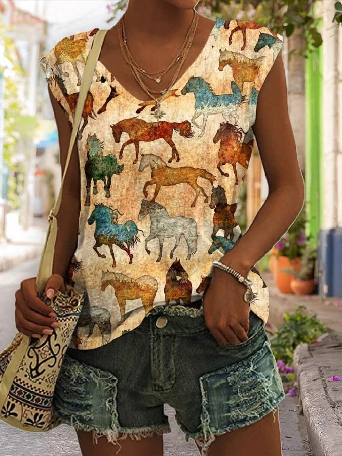 Vintage Western Print Sleeveless Tank Top