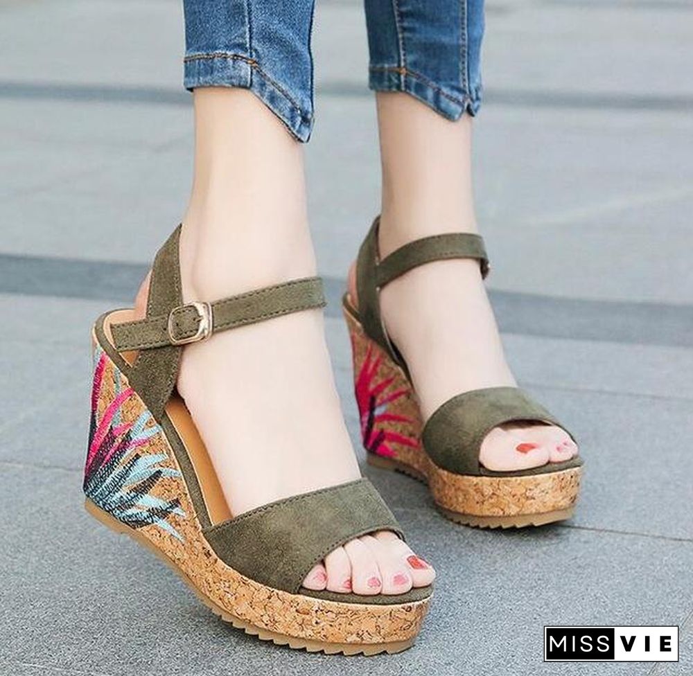 Women Graffiti Wedge Sandals PU Leather High Heels Suede Sandals Shoes