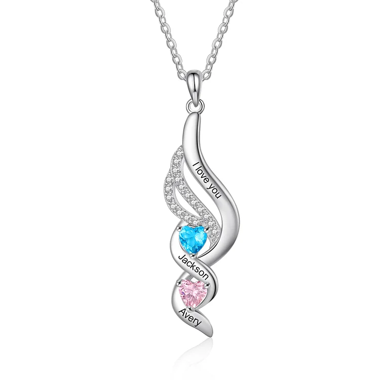 Personalized Angel Wing Necklace Engraved 2 Names with Birthstones Gifts for Her