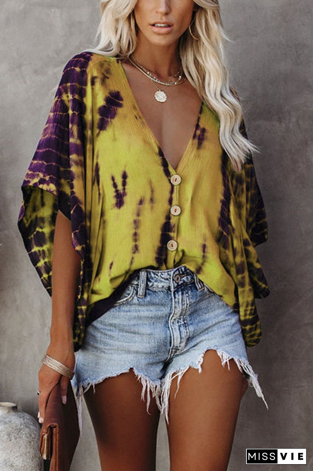 Tie Dye Print V-Neck Bat Sleeve Blouse