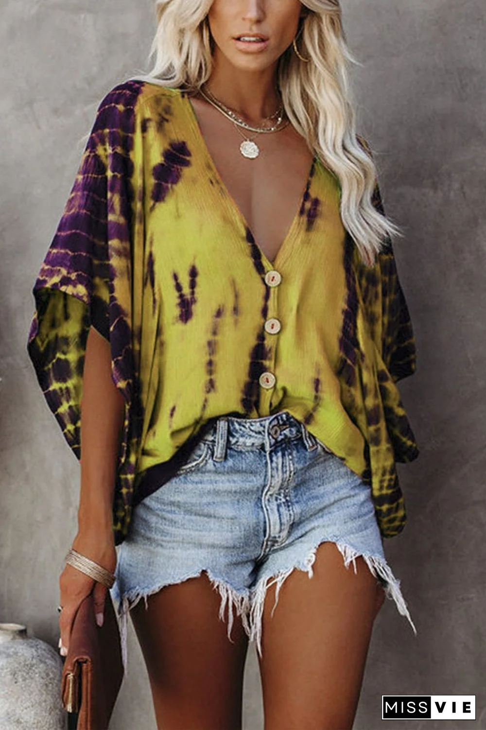 Tie Dye Print V-Neck Bat Sleeve Blouse