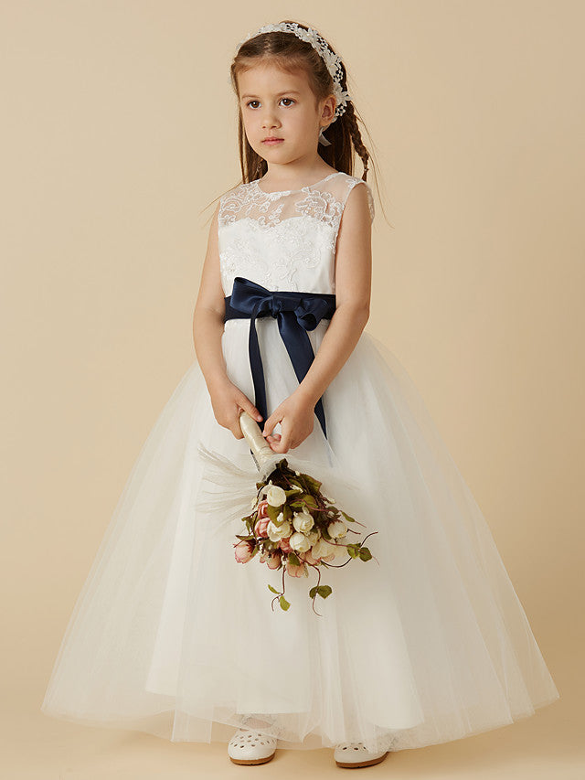 Oknass A-Line Sleeveless Jewel Neck Flower Girl Dress Lace Tulle With Sash Ribbon Bow Buttons