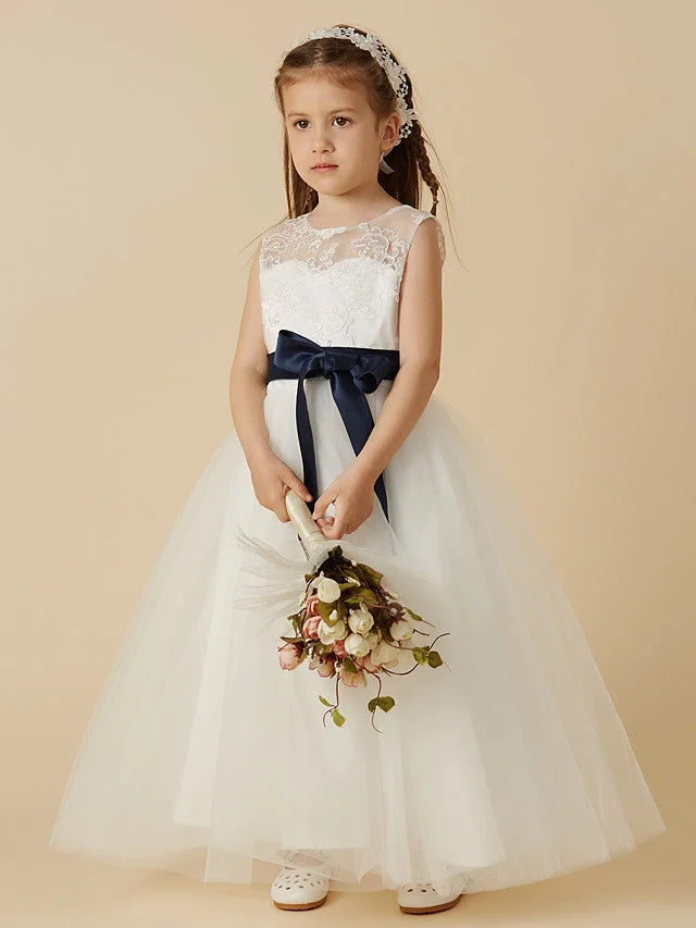 Daisda A-Line Sleeveless Jewel Neck Flower Girl Dress Lace Tulle With Sash Ribbon Bow Buttons