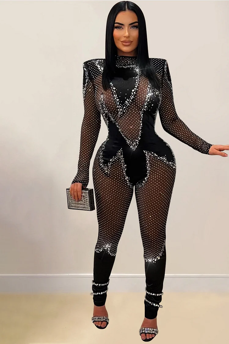 Sheer Mesh Rhinestone Embellished Jumpsuit-Black