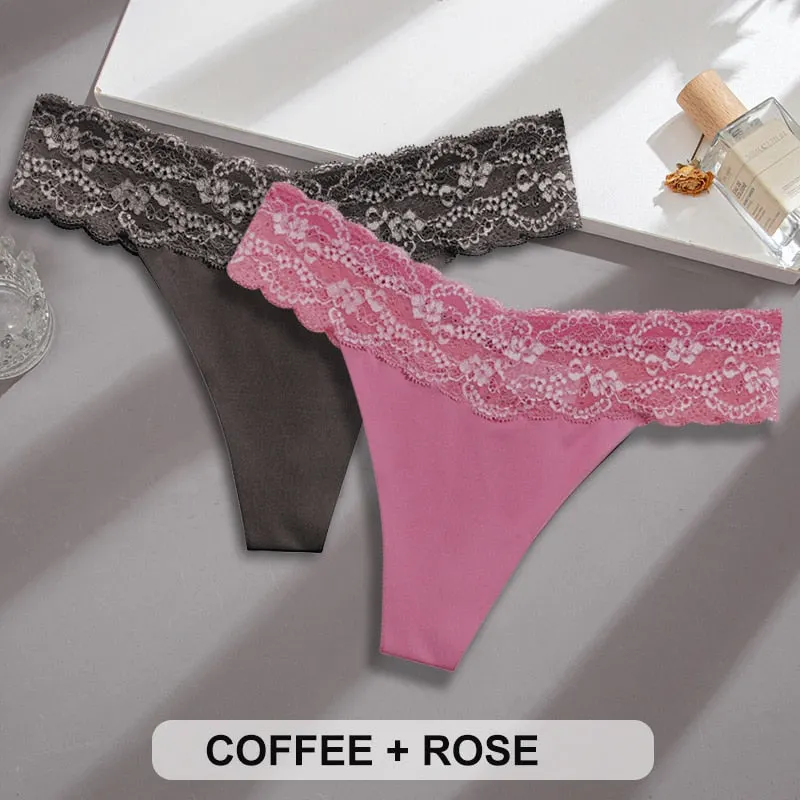 2PCS/Set Lace Panties Sexy Underwear Thong Women Panties G-String Panties Briefs Lingerie Floral V Waist Design Female Underpant
