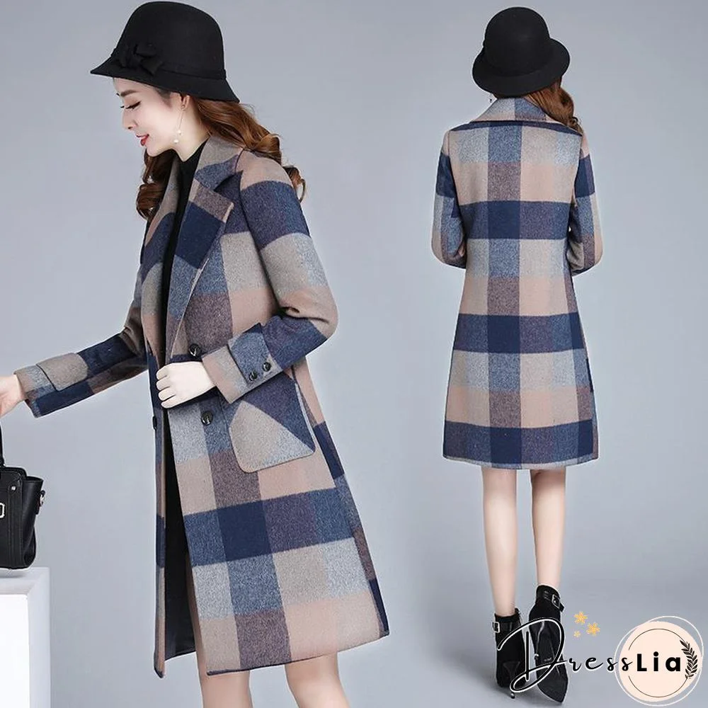 Loose Casual Plaid Printed Woolen Coat