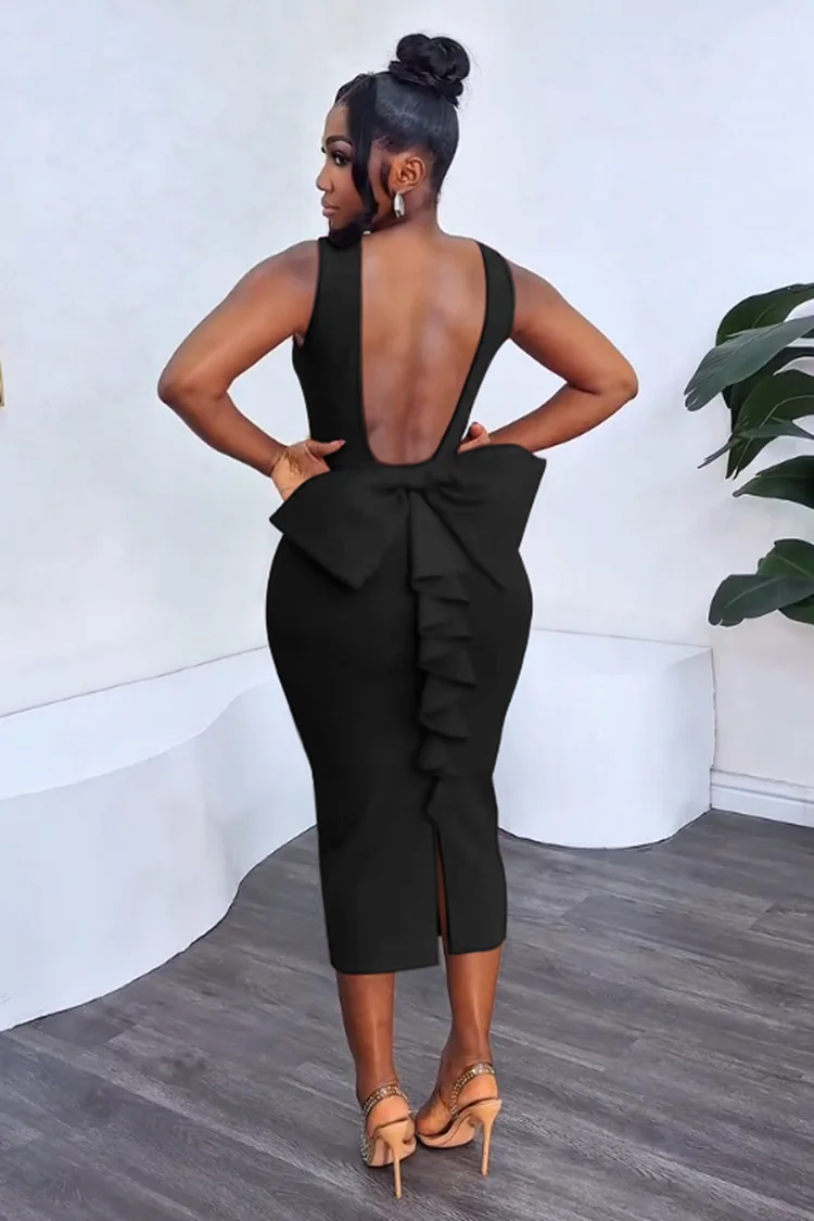 Backless Bow Decor Slim-Fit Valentine's Party Midi Dresses-Red