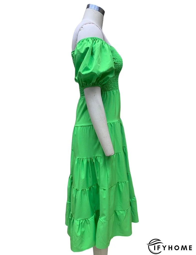 Summer Women's Fashion Loose Off Shoulder Puff Sleeve A-Line Midi Dress | IFYHOME