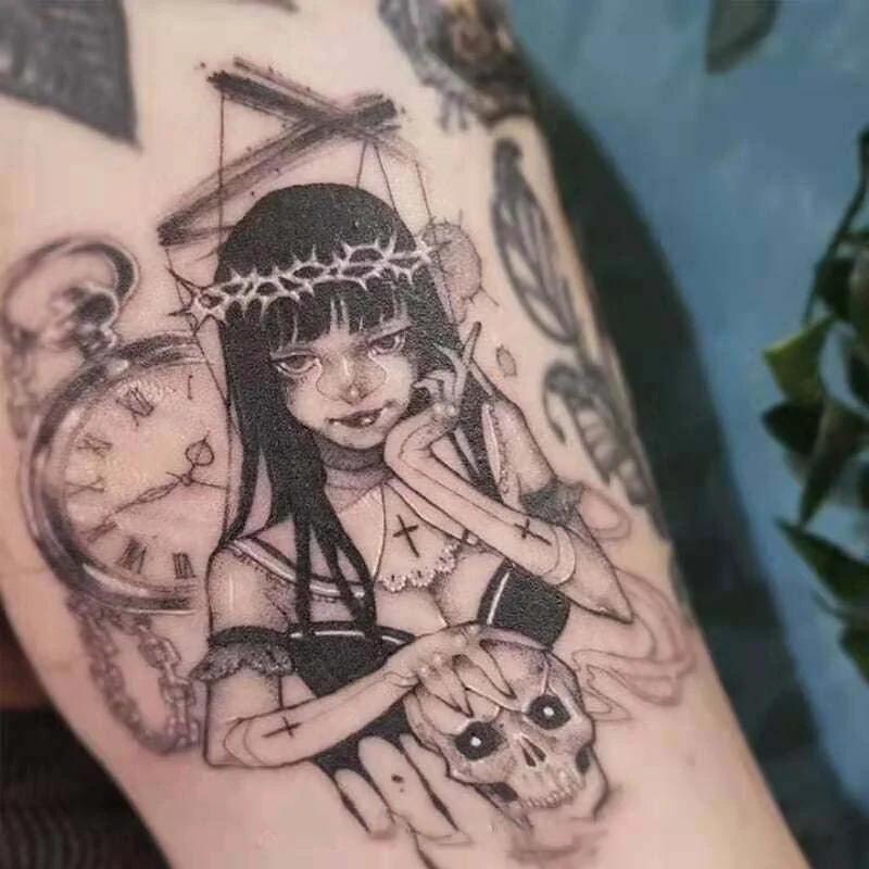 Sdrawing Temporary Tattoo Sticker Anime Cartoon Cute Pink Hair Girl Flower Necklace Fake Tatto Flash Tatoo Art for Women Men