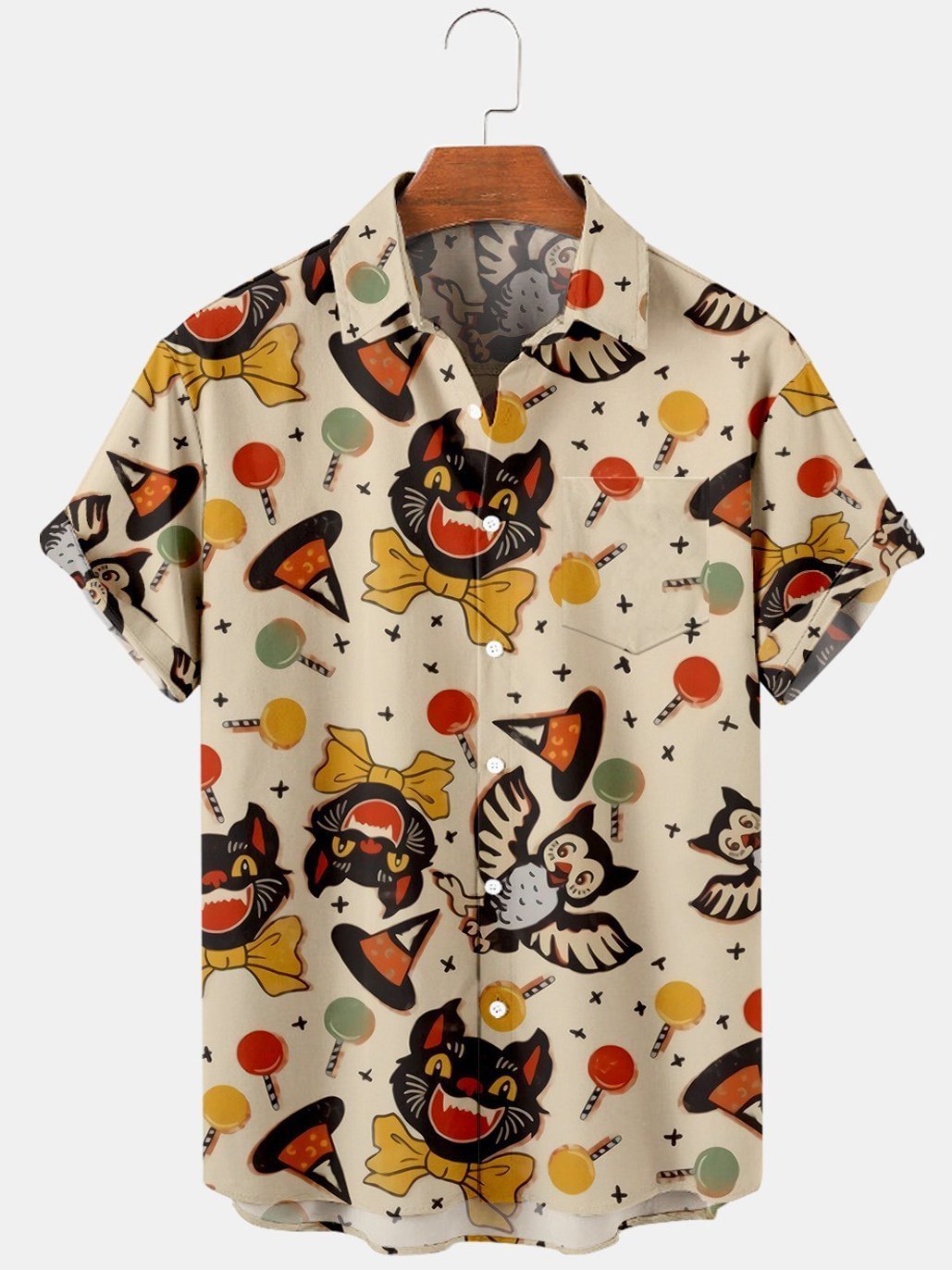 Men's Halloween Cat Candy Print Casual Shirt