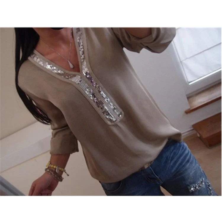 Fashion Women Ladies Long Sleeve Loose Blouse Summer V-Neck Casual Shirts Tops