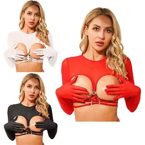 pornhint Pornhint Womens Arm Sleeve Shrug Gloves Crop Top See Through Mesh Shirts Cupless Cover Up