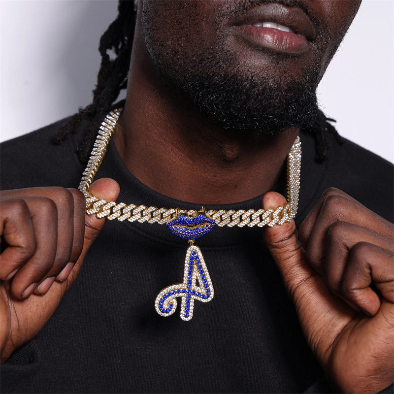 Hye Hot Sale 26 Letters Blue Mouth Pendant Cuban Link Chain Diamond-Embedded Hip Hop Couple Rapper Ornament