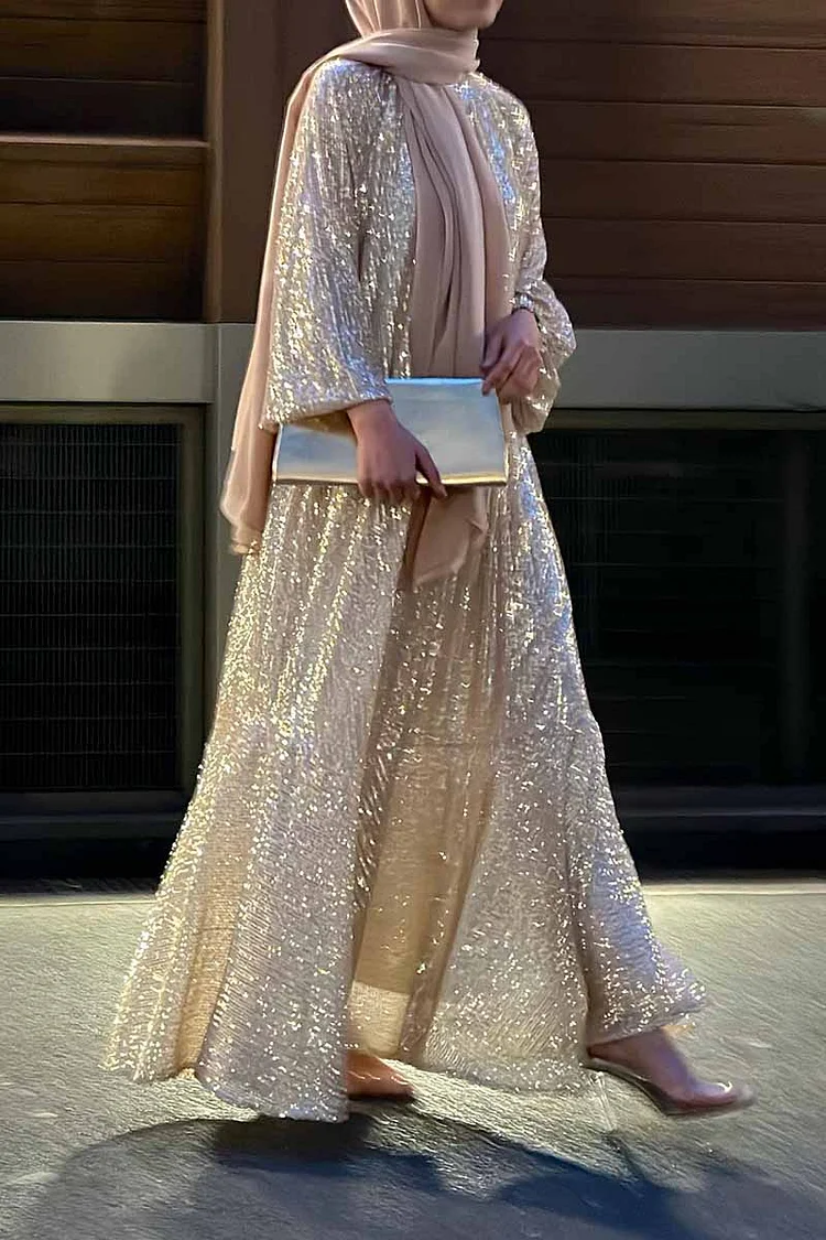 Glitter Sequins Long Sleeve Tiered Party Kaftan Maxi Dresses