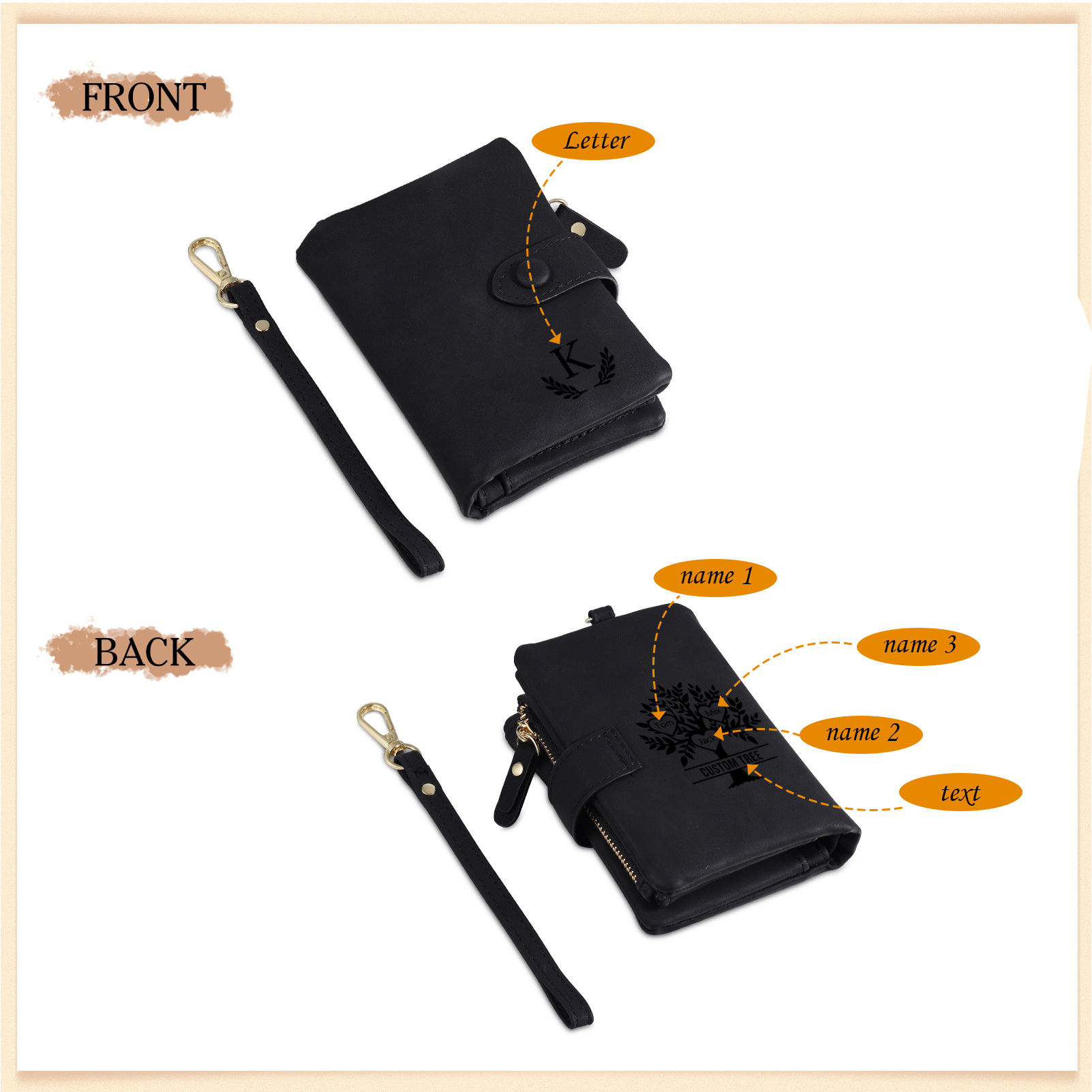 Portafoglio Albero della vita in PU pelle con 3 nomi & 1 testo & 1 lettera personalizzati per donna