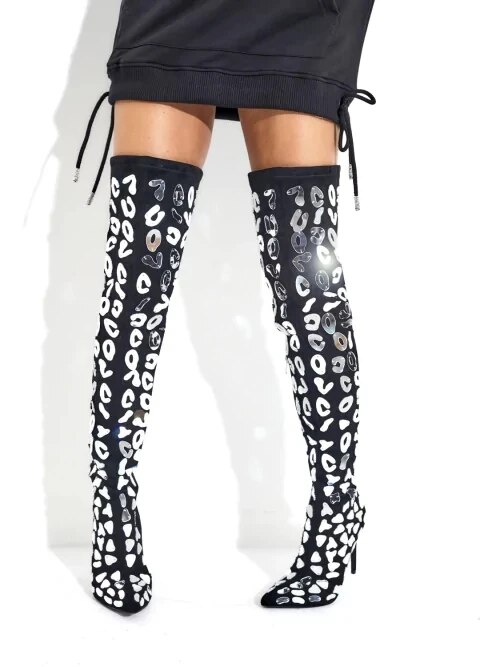 Women Over The Knee Boots High Heels Blingbling Sliver Flake Decor Boots Long Thigh Pleaser Boots Shoes 44