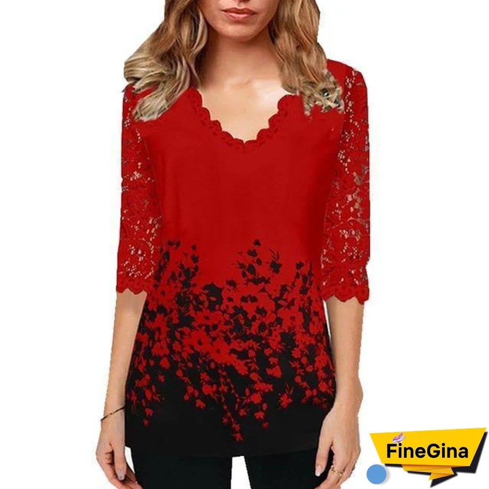 5XL Large Size Women Lace Patchwork Half Sleeve Blouses Tops Autumn 3D Printed Casual V-Neck Blouses Lady Elegant Shirts