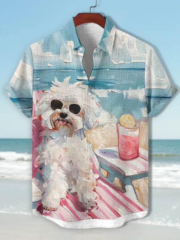 Men's Dog On Vacation Oil Painting Print Casual Shirt