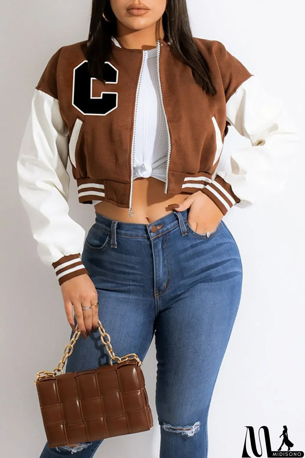 MidiSono - Blue Casual Print Patchwork Zipper Outerwear