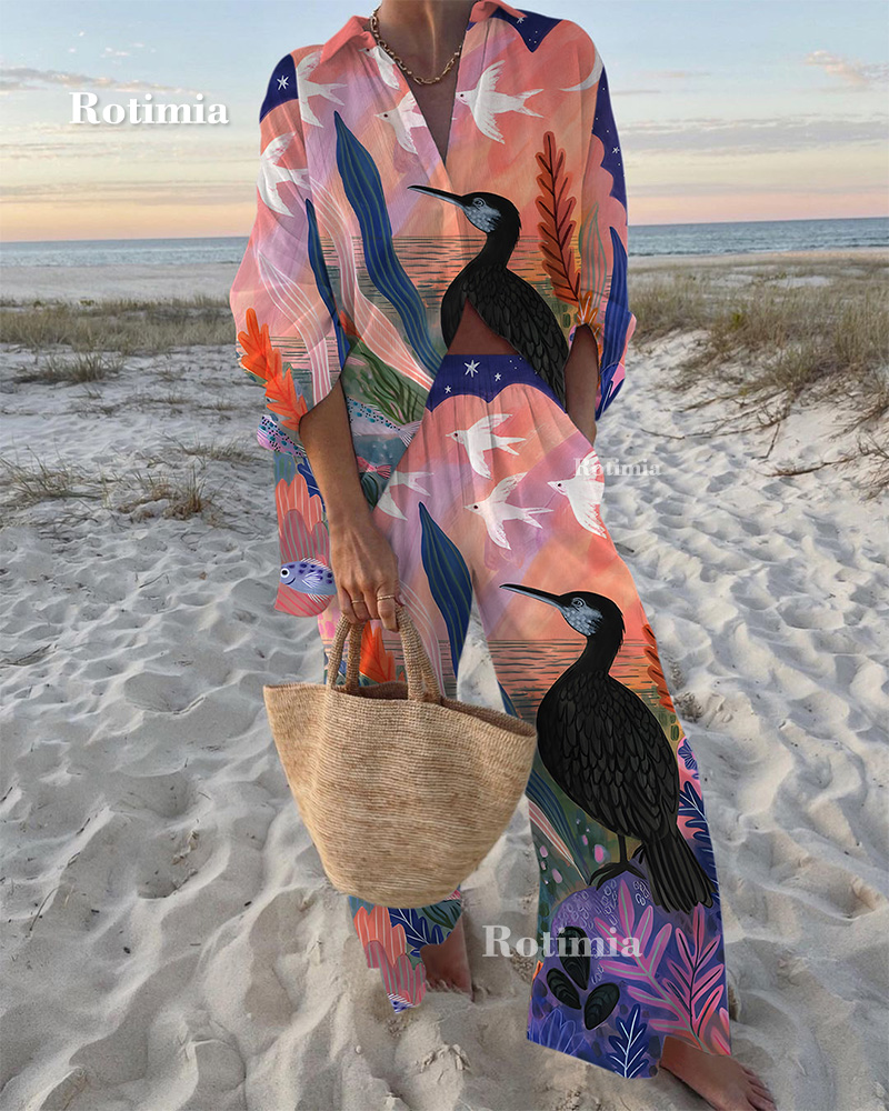 Egret Print Shirt & Pants Two-Piece Set