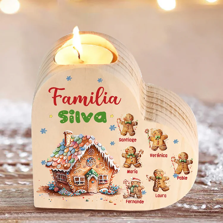 Navidad - Candelero de corazón jengibres y su casa personalizado con 6 nombres y 1 texto sin vela