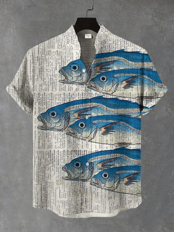 Men's Vintage Sardines Art Print Casual Shirt