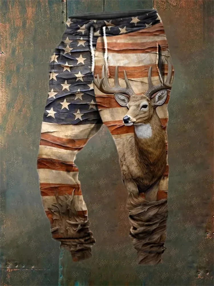 Comstylish Men's Retro Western Flag Deer Casual Loose Sweatpants