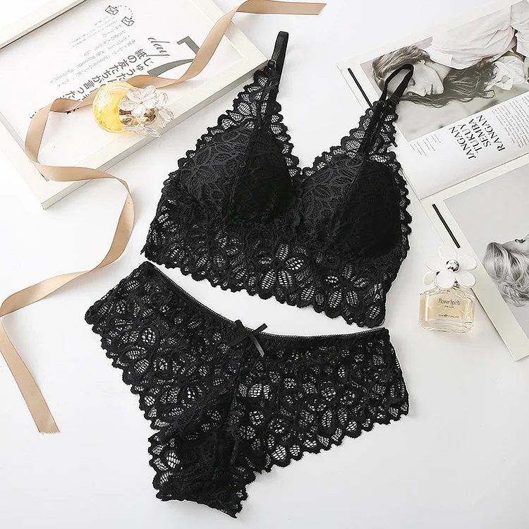 Women's Back To School Lace Underwear Set Romantic Adjustable Strap Wireless Bra Radinnoo.com