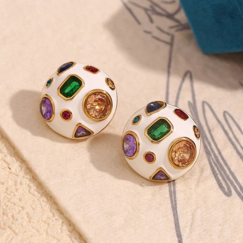 1 Pair IG Style Minimalist Geometric Enamel Inlay 304 Stainless Steel Zircon 18K Gold Plated Ear Studs