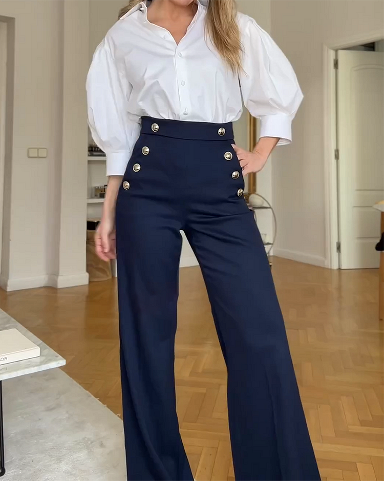 Lapel Puff Sleeve Top and Pants Two-piece Suit