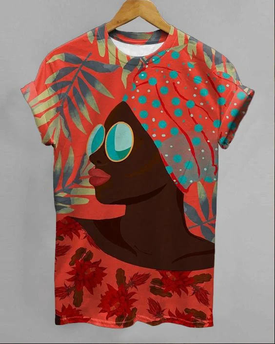 Oil Painting Plant Black Girl Round Neck Short Sleeve T-shirt