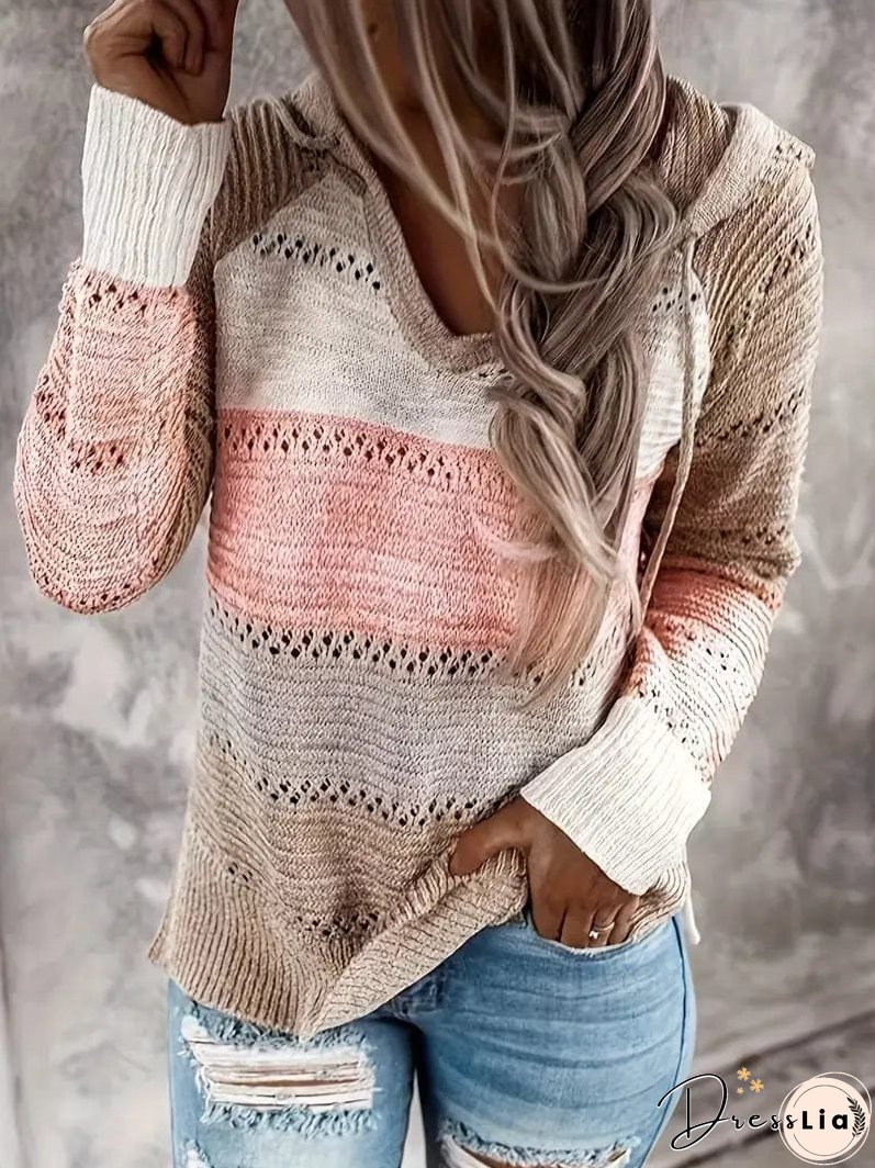 Color Block Knit Hooded Pullover Sweater