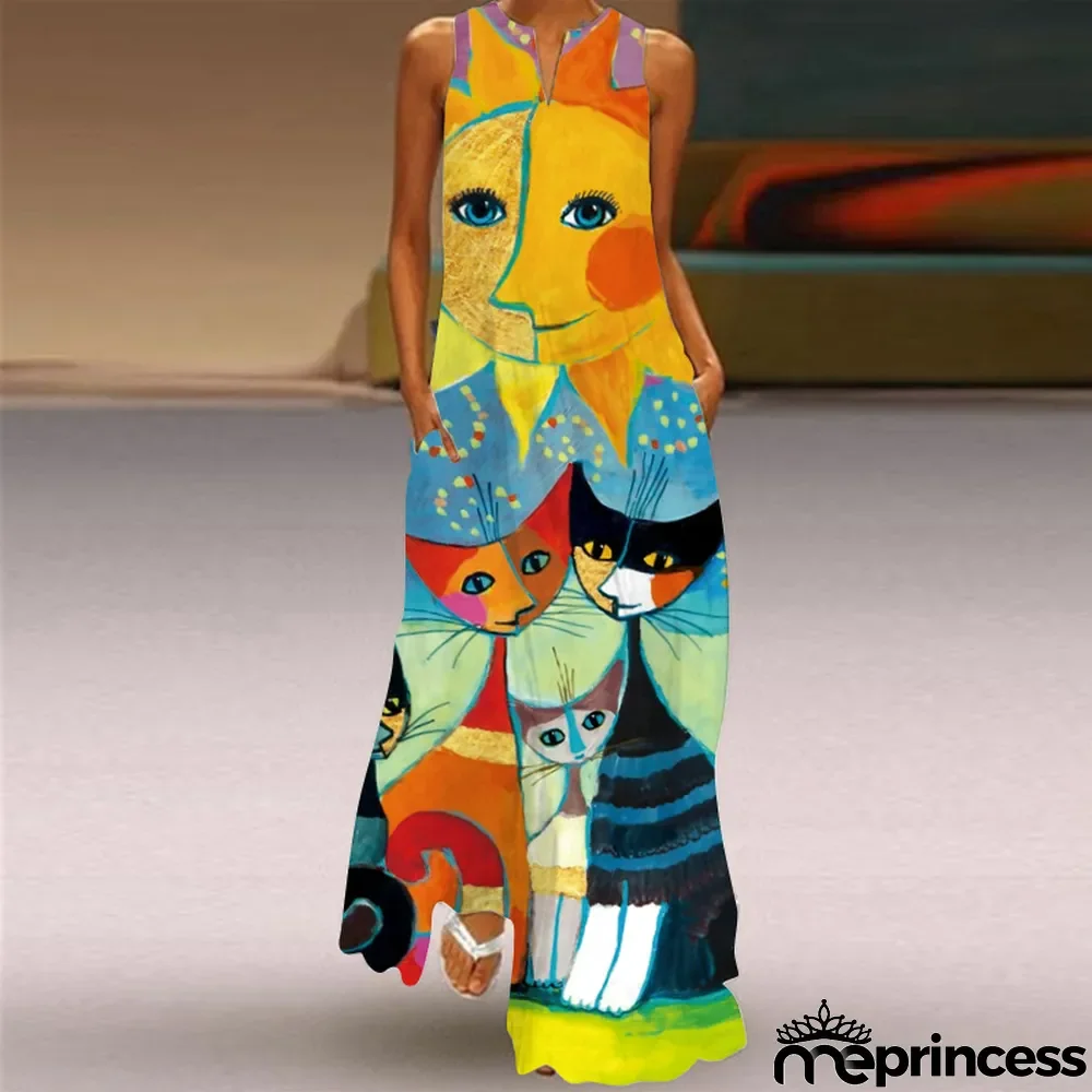 Summer Women's Sleeveless Long Dress V Neck Printed Vintage Dress