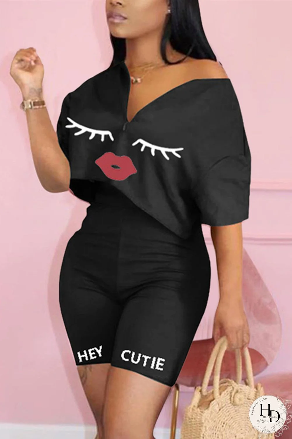 Black Fashion Casual Printed T-shirt Shorts Set